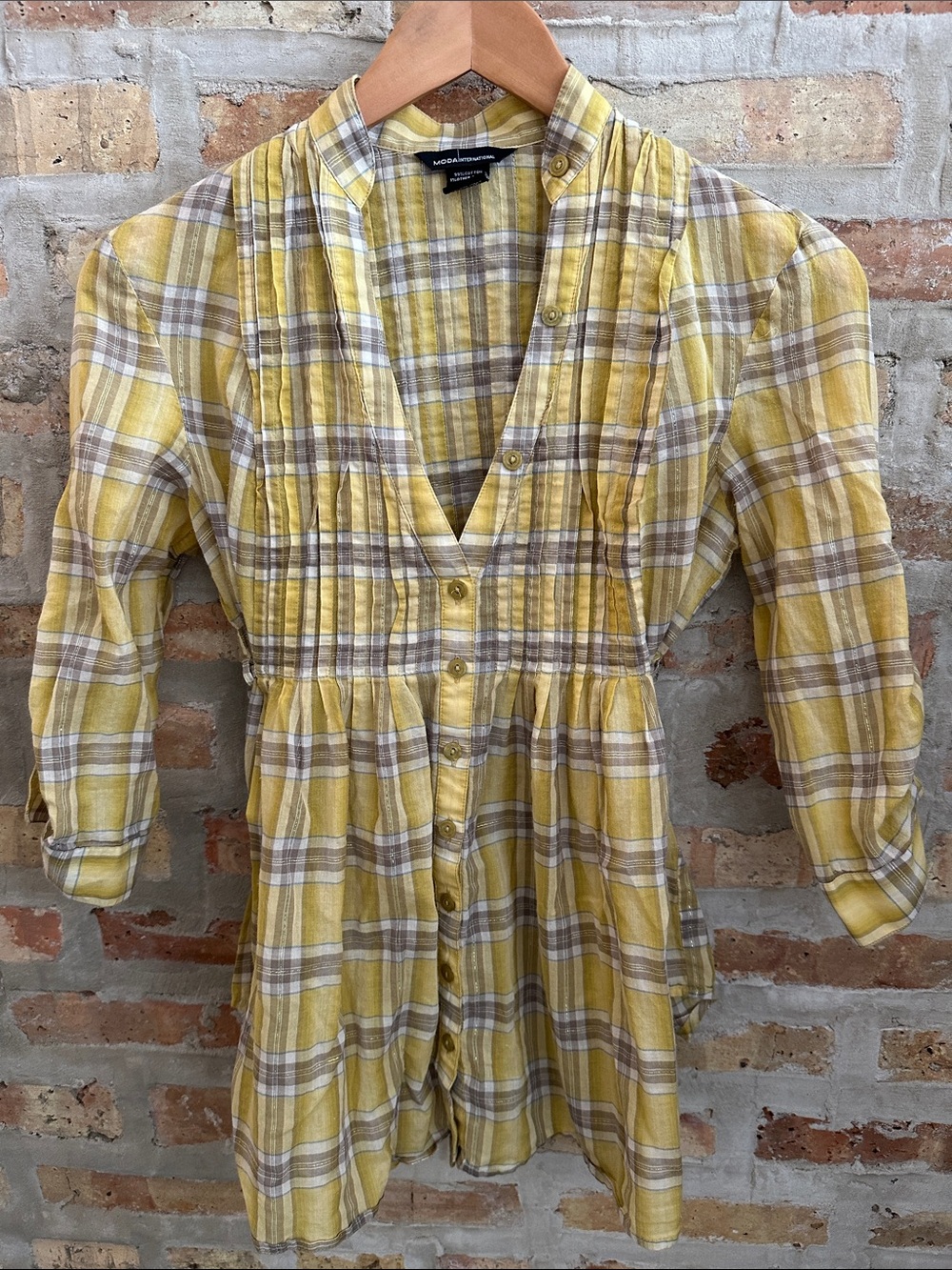 Moda International Plaid Button-Front Top with gold shimmer thread detail